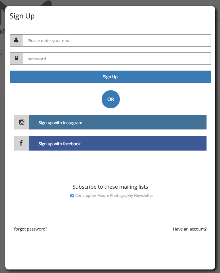 Example of a social login with options to sign in through Facebook or Instagram.