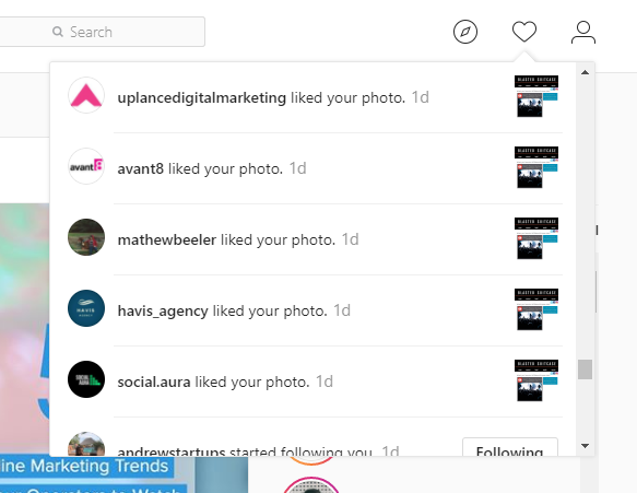 Instagram activity showing recent likes and follows.