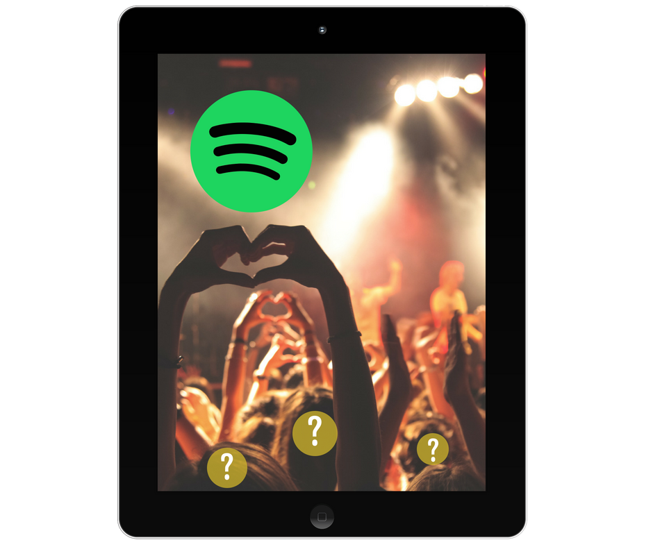 Concert-goers with their faces not visible, questions marks over their heads and the Spotify logo above them.