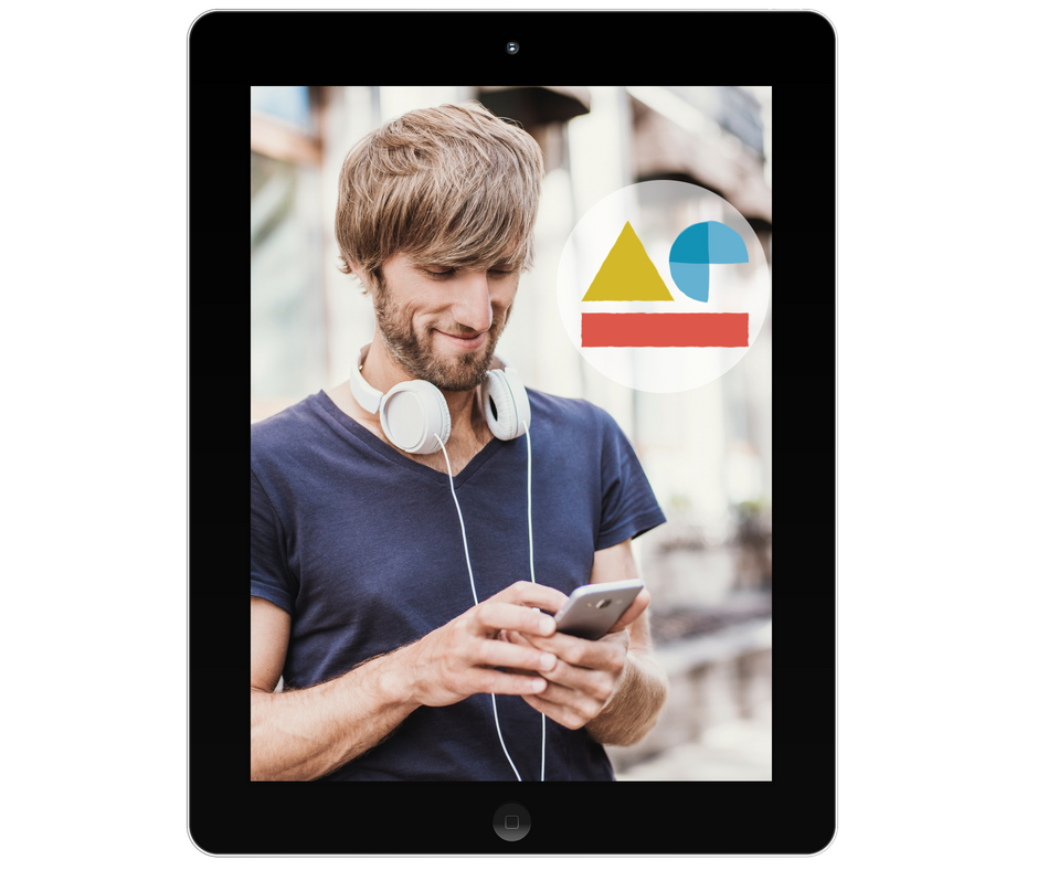 A man with headphones smiling at his phone, with the AE (Appreciation Engine) logo in the background.
