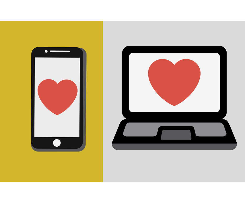 A phone screen and a computer screen each displaying an image of a heart.