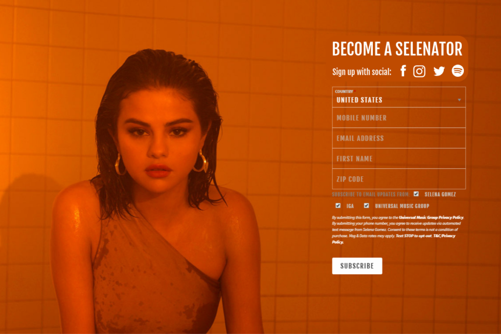 selena gomez's newsletter signup form with ae's social login