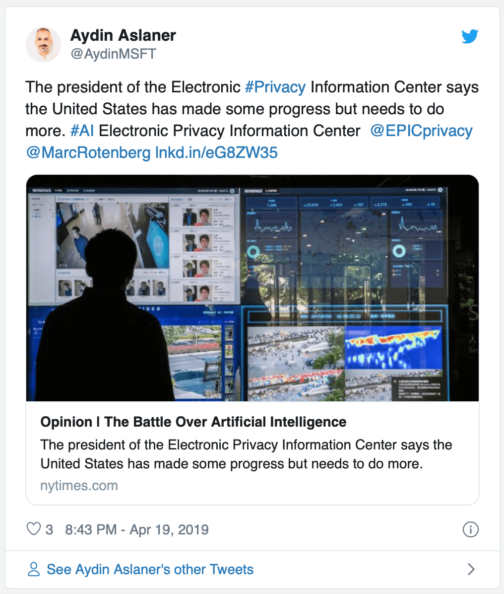A tweet linking an opinion article: "The president of the Electronic Privacy Information Center says the United States has made some progress but needs to do more."