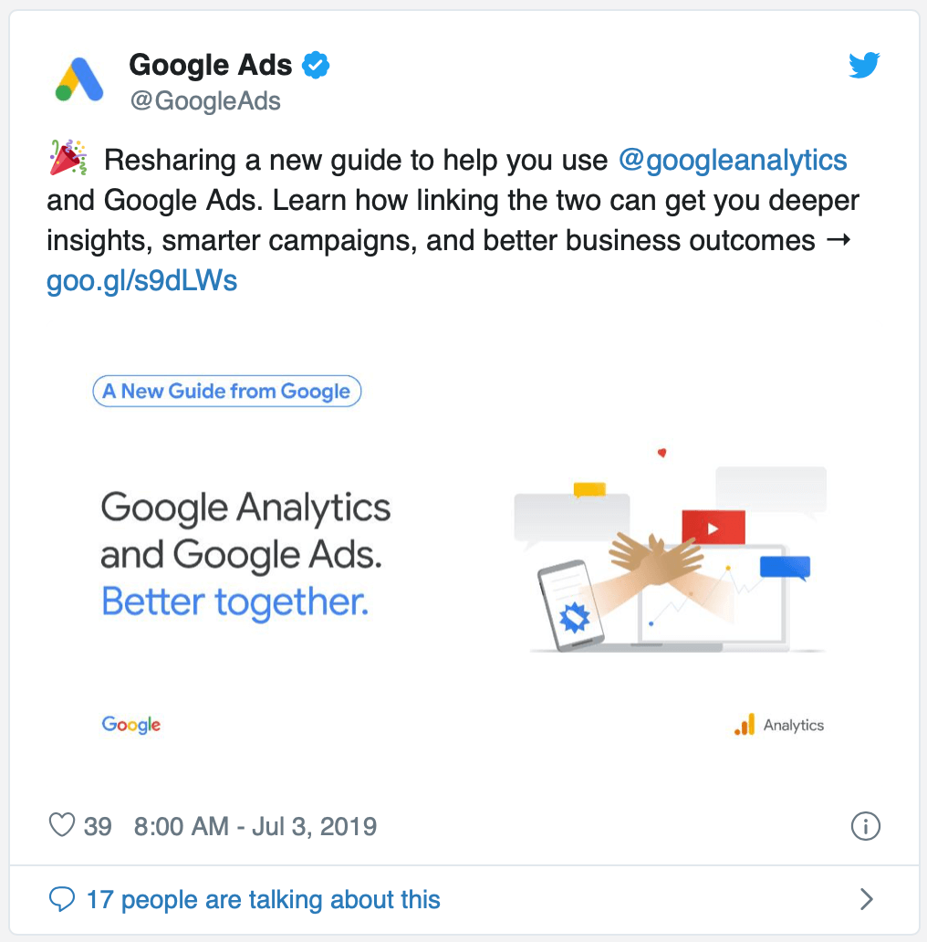 Google Ads tweet announcing a guide for using Google Analytics and Google Ads.