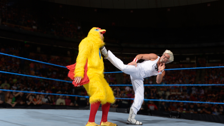 Wrestler Dolph Ziggler superkicking The Miz