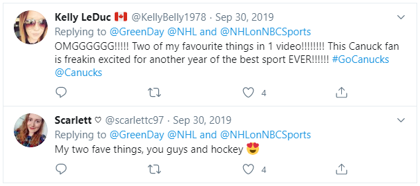 Tweets from fans of Green Day and the NHL brand partnership