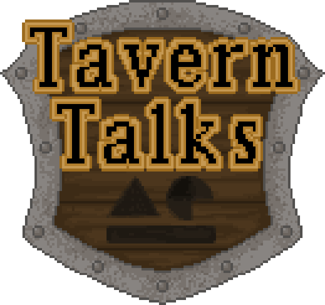 Pixel art of a wooden shield with the words "Tavern Talks" and the AE logo