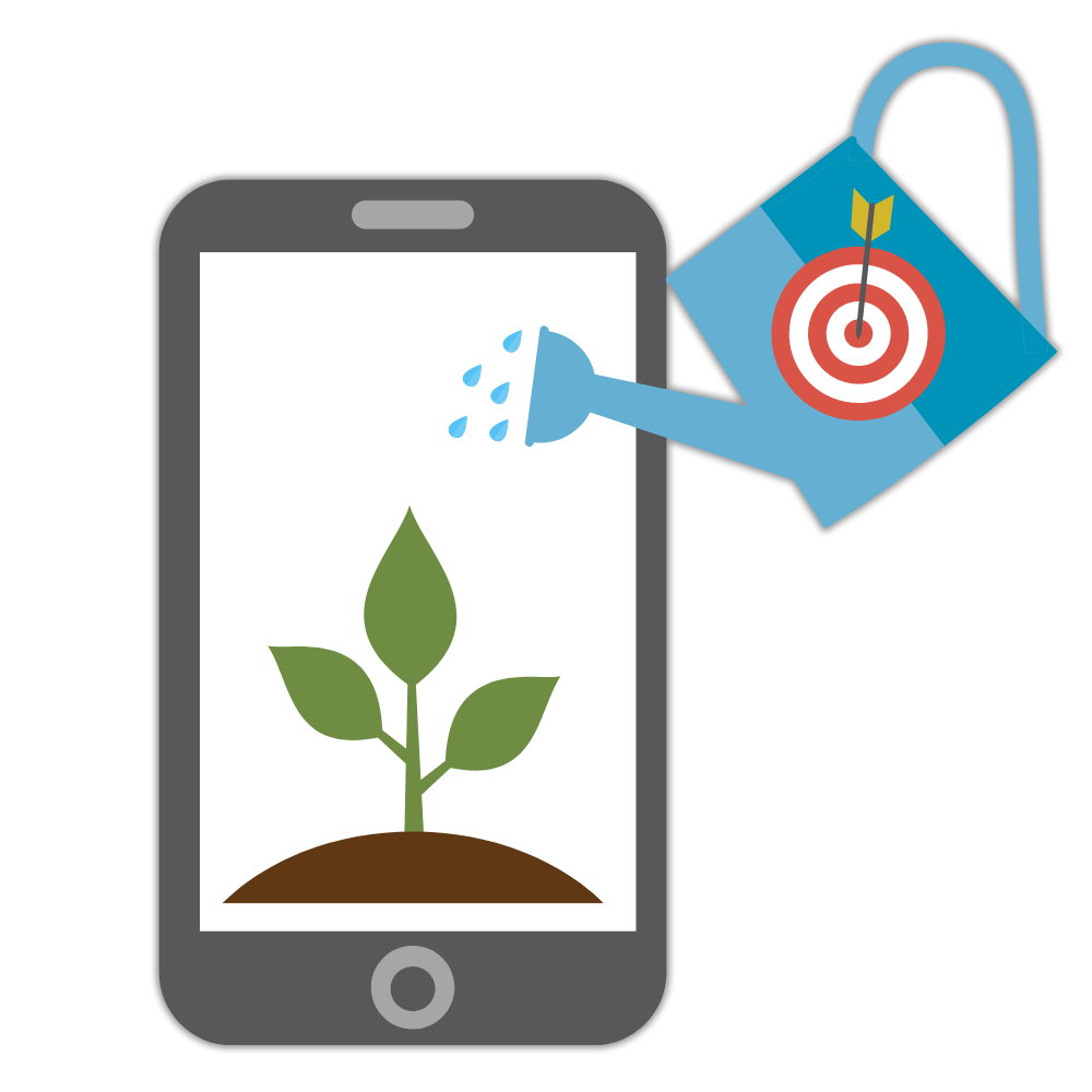 A cellphone showing a plant sprout growing. A watering can with a target on it is sprinkling the plant with water