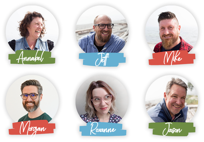Portraits of the AE team: Annabel, Jeff, mike, Morgan, Roxanne and Jason