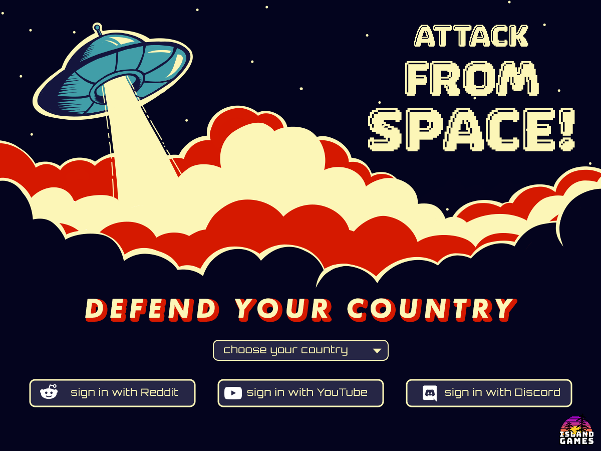 A retro futuristic landing page for fictional game Attack From Space. There are social logins for Reddit, YouTube, and Discord