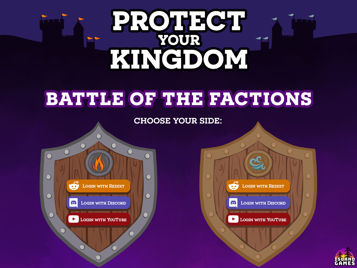 A landing page for the fictional game Protect Your Kingdom. There are two shields representing different factions. Each shield has a login for Reddit, Discord and YouTube.