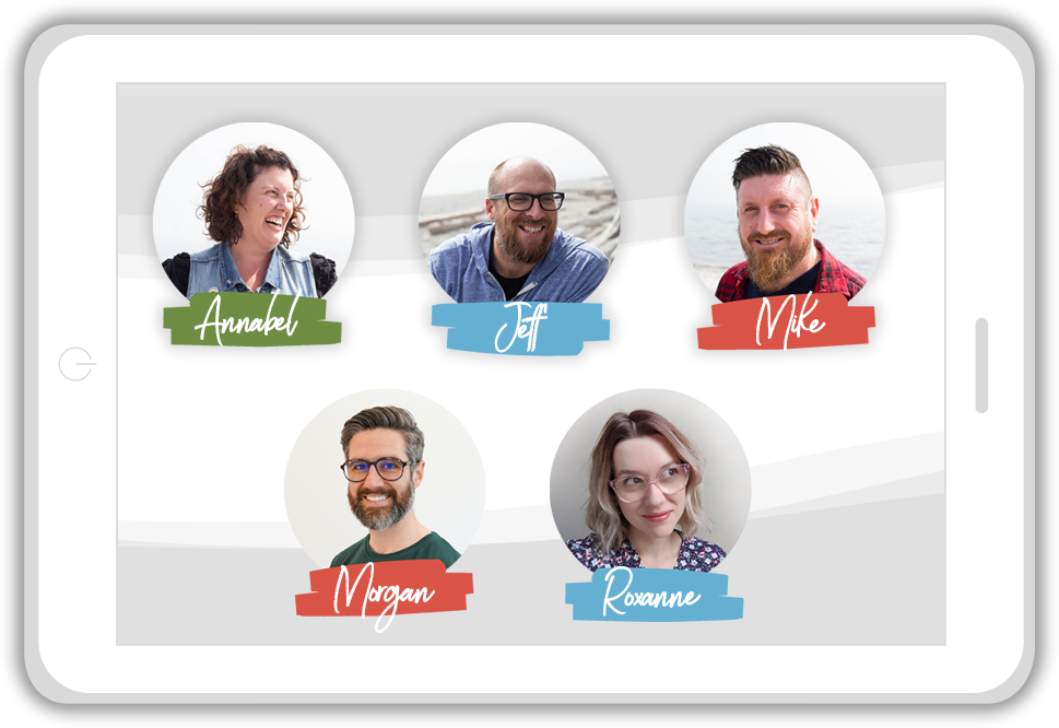 A tablet with pictures of the AE team on it
